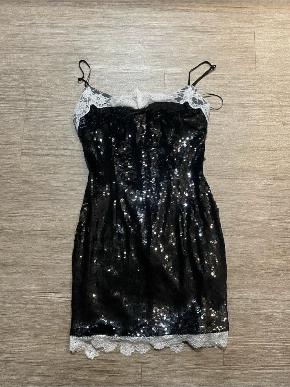 Fashion Nova Black Sequin Slip Dress with White Lace Trim